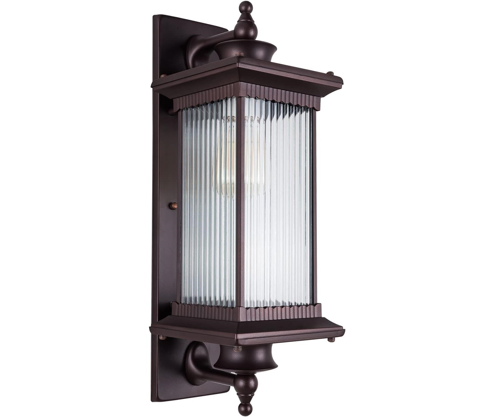 Aplica de Perete Exterior Vintage, Design metalic in stil Retro, Sticla striata Temperata, Aluminiu Anticoroziv, Rezistenta IP65, Iluminat Fatada, Terasa, Gradina, Alee, Balcon, Hotel, Restaurant, Pensiune, E27 + Bec LED 11W Inclus, Lumina Alb Cald 2700K